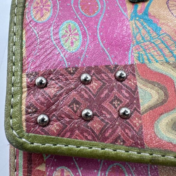 Vintage Fossil Leather Wallet Patchwork Studded Trifold Zip Snap Checkbook Cards - Picture 11 of 14
